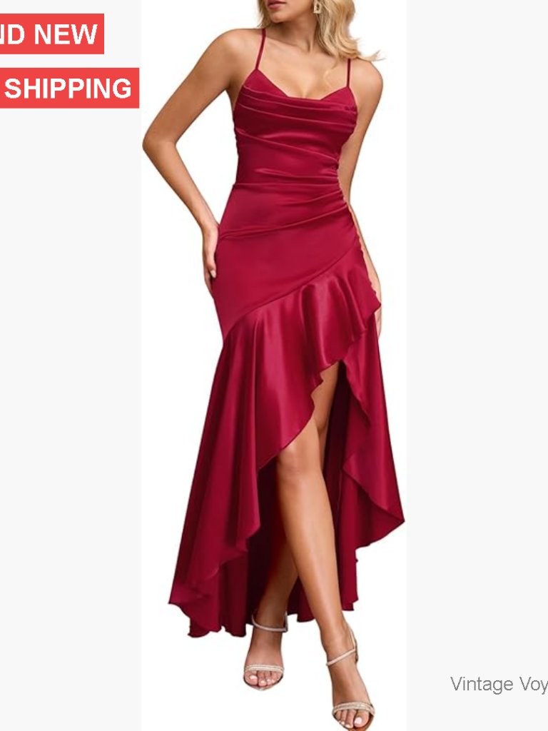 Satin V-Neck Backless Maxi Dress With Slit, Bodycon Formal Prom Wedding